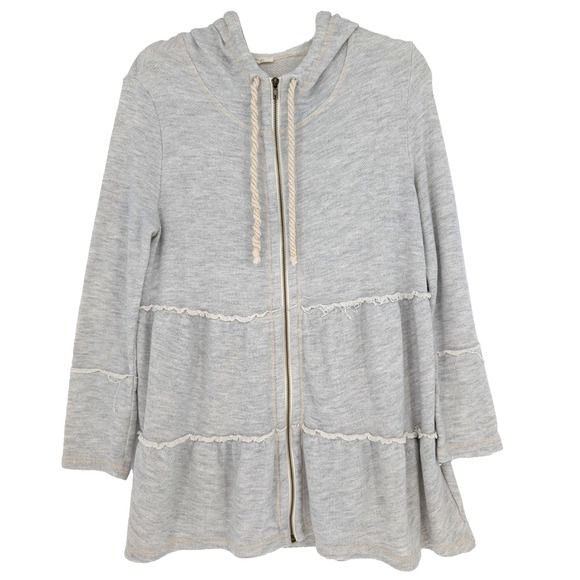 Easel Gray Babydoll Tiered Rufffle Hem Boho Cottage Hooded Zip Cardigan Medium - Picture 1 of 8